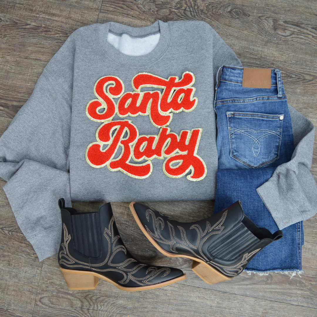 Hazel Blues® |  Santa Baby Chenille Patch Sweatshirt: RED