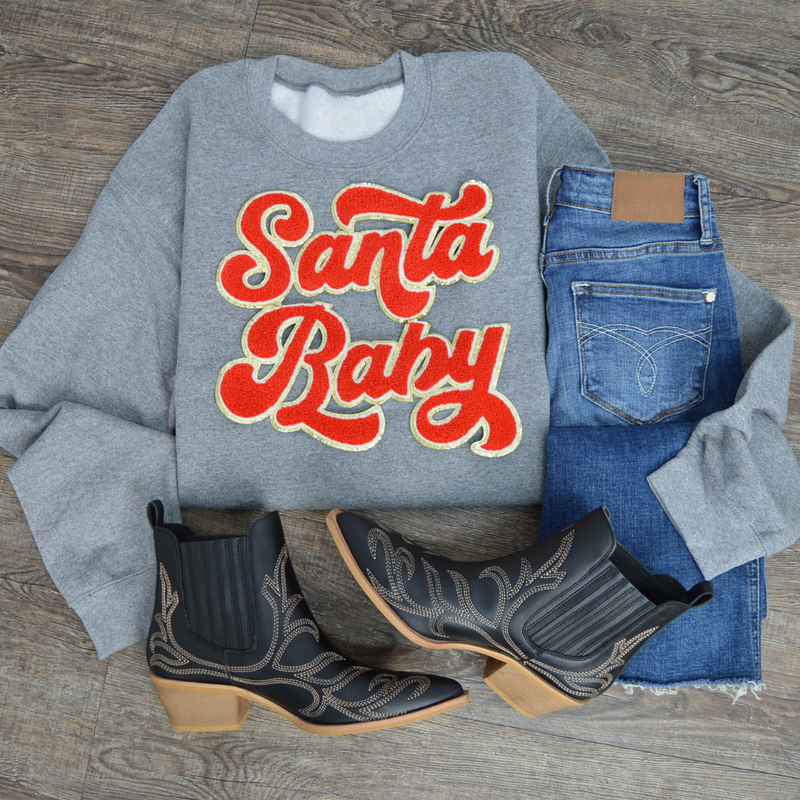 3Blues Designs |   Hazel Blues® |  Santa Baby Chenille Patch Sweatshirt: RED