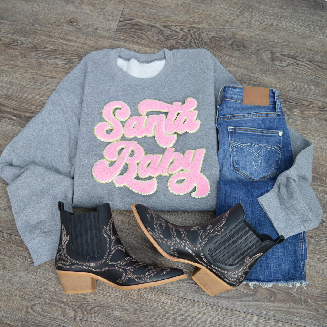 3Blues Designs |   Hazel Blues® |  Santa Baby Chenille Patch Sweatshirt: LIGHT PINK