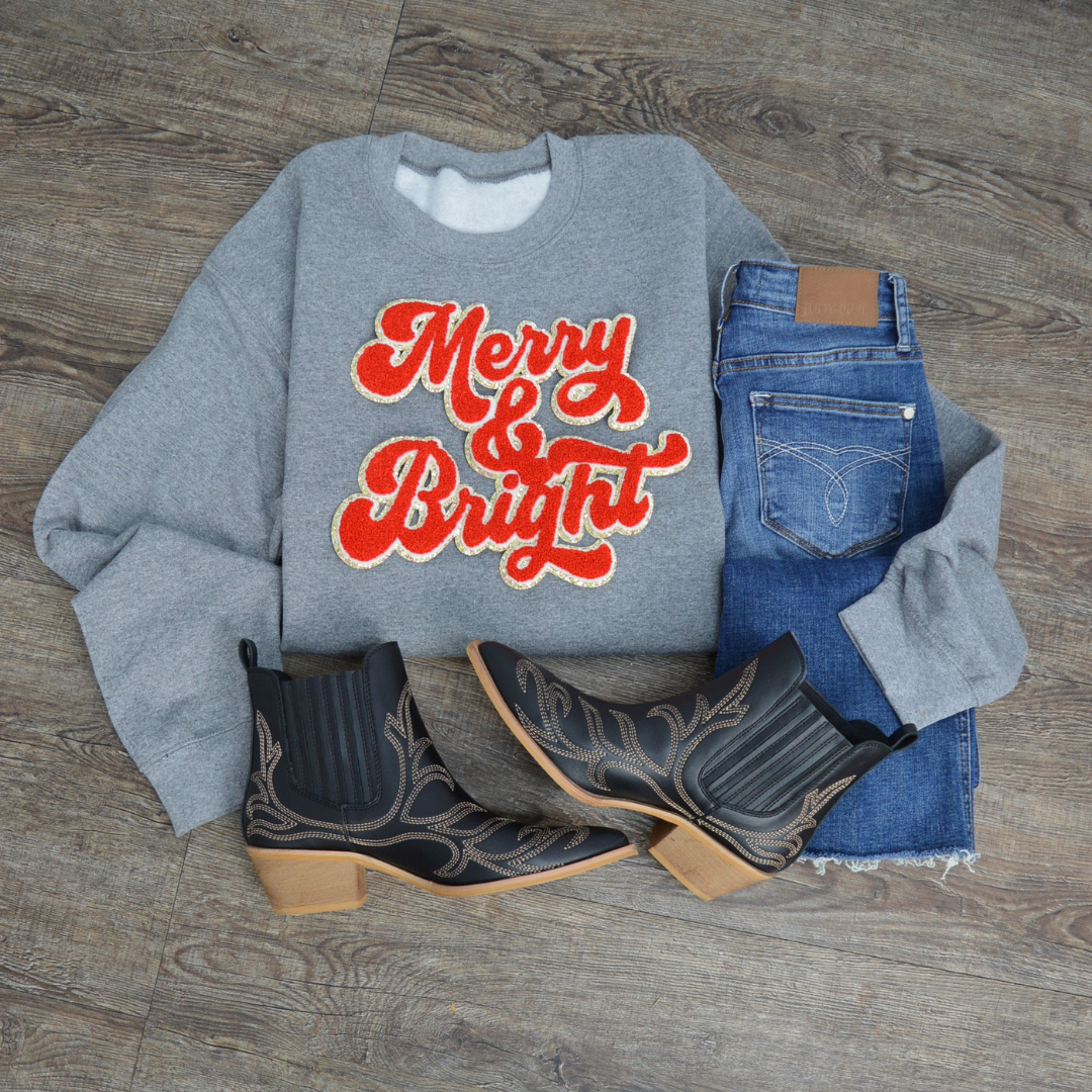 3Blues Designs |   Hazel Blues® |  Merry & Bright Chenille Patch Sweatshirt: RED