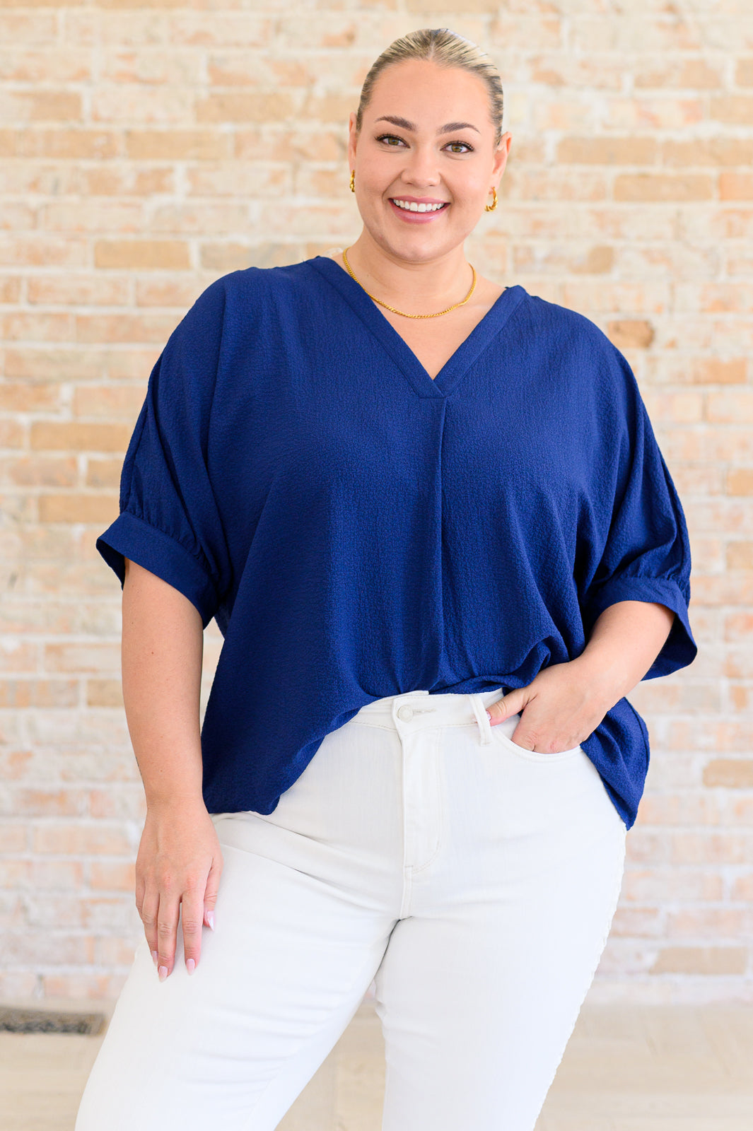 Hazel Blues® |  Up For Anything V-Neck Blouse in Navy