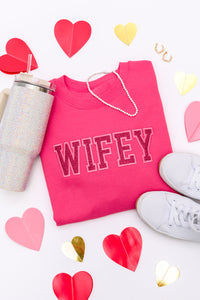 Hazel Blues® |  Embroidered Wifey Glitter Sweatshirt in Four Colors