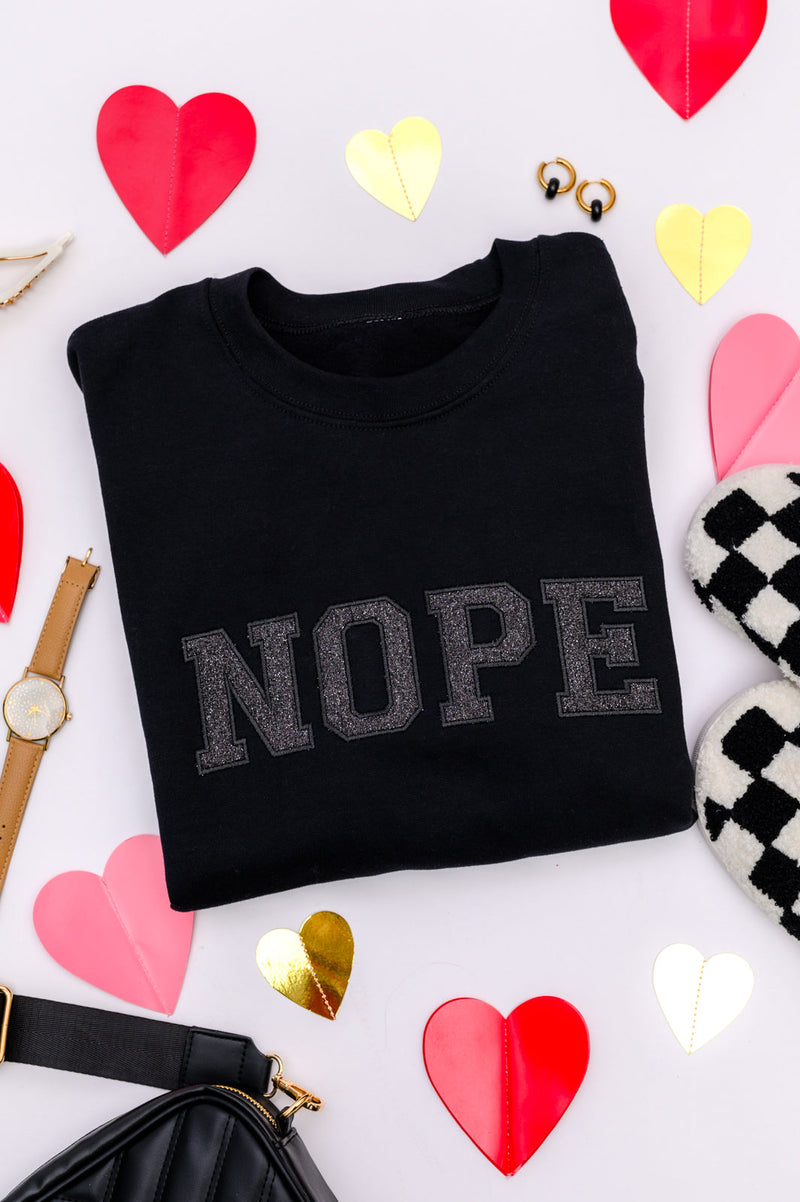 Hazel Blues® |  Embroidered Nope Glitter Sweatshirt in Four Colors