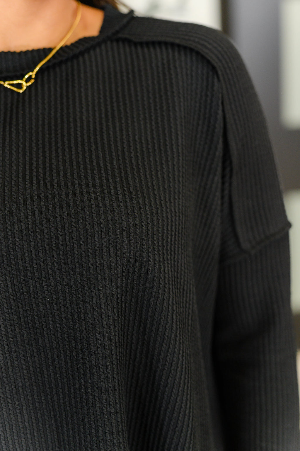 Hazel Blues® |  Wander & Rest Cable Ribbed Knit Drop Shoulder Top in Black