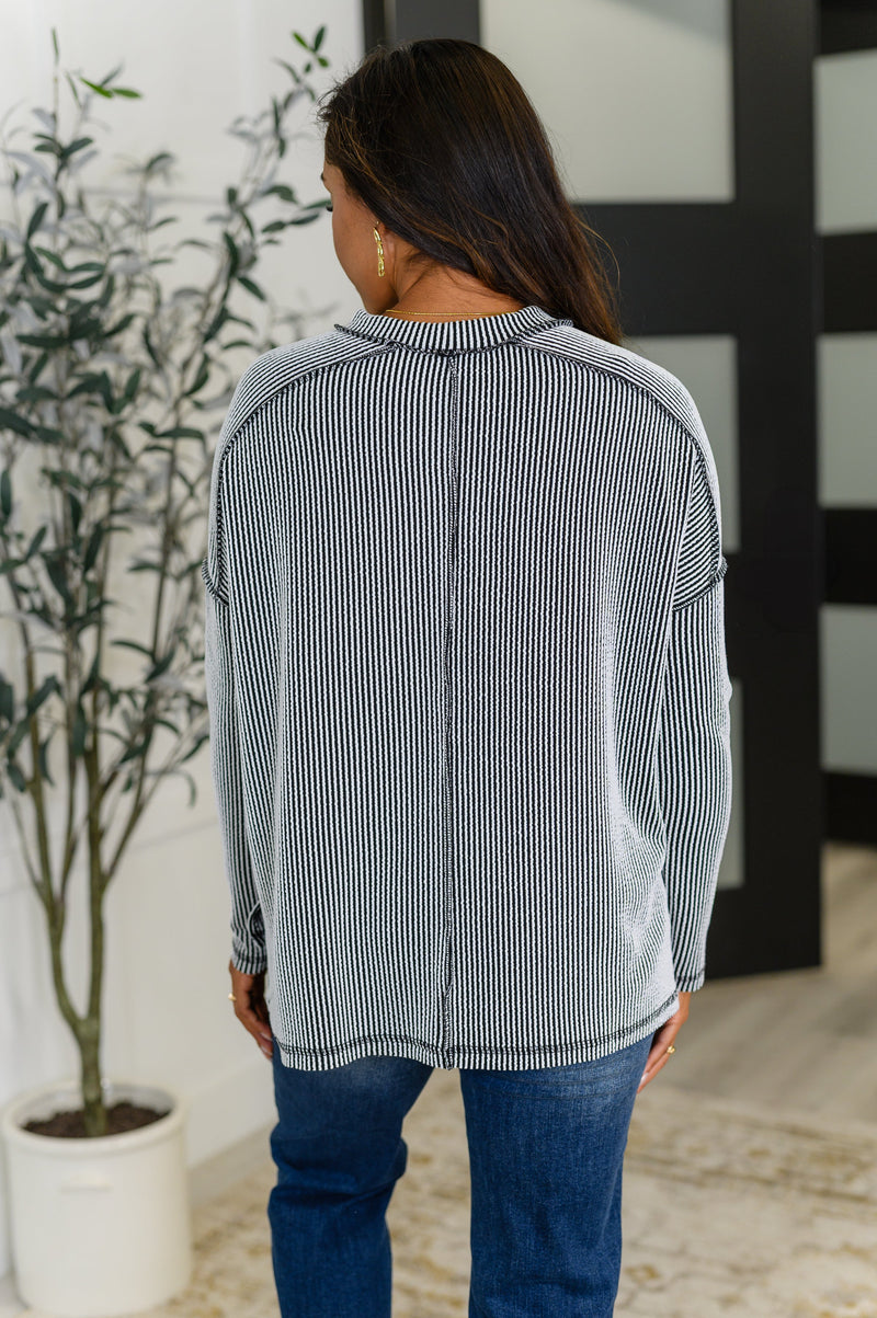Hazel Blues® |  Wander & Rest Cable Ribbed Knit Drop Shoulder Top in Black/White