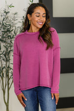 Hazel Blues® |  Wander & Rest Cable Ribbed Knit Drop Shoulder Top in Plum