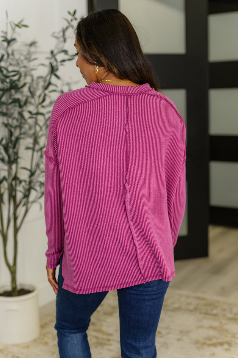 Hazel Blues® |  Wander & Rest Cable Ribbed Knit Drop Shoulder Top in Plum