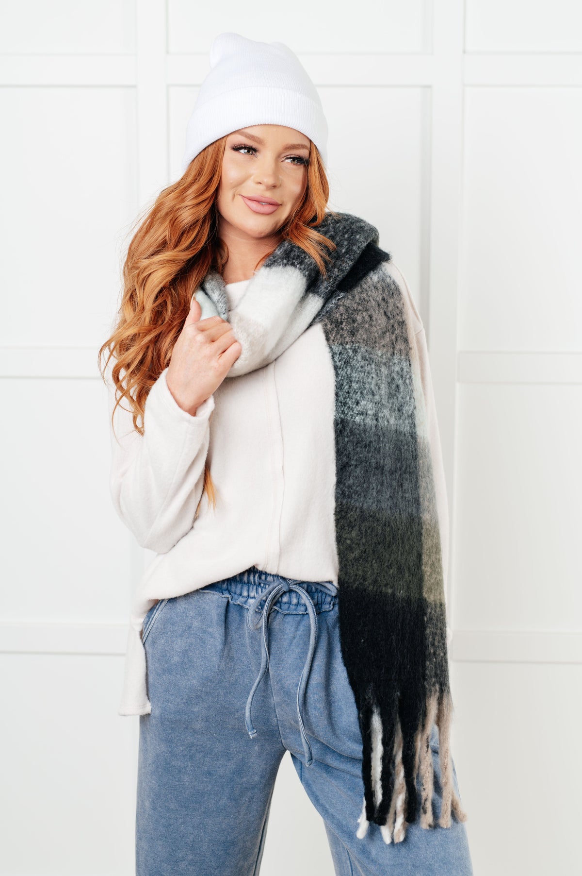 Hazel Blues® |  Wanderlust Wrap Oversized Plaid Fringe Scarf in Grey and Jade