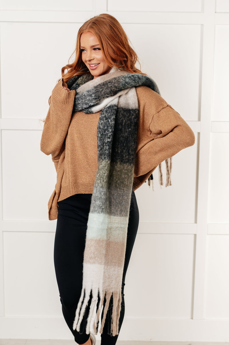 Hazel Blues® |  Wanderlust Wrap Oversized Plaid Fringe Scarf in Grey and Jade