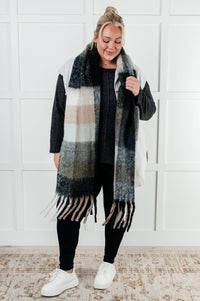 Hazel Blues® |  Wanderlust Wrap Oversized Plaid Fringe Scarf in Grey and Jade