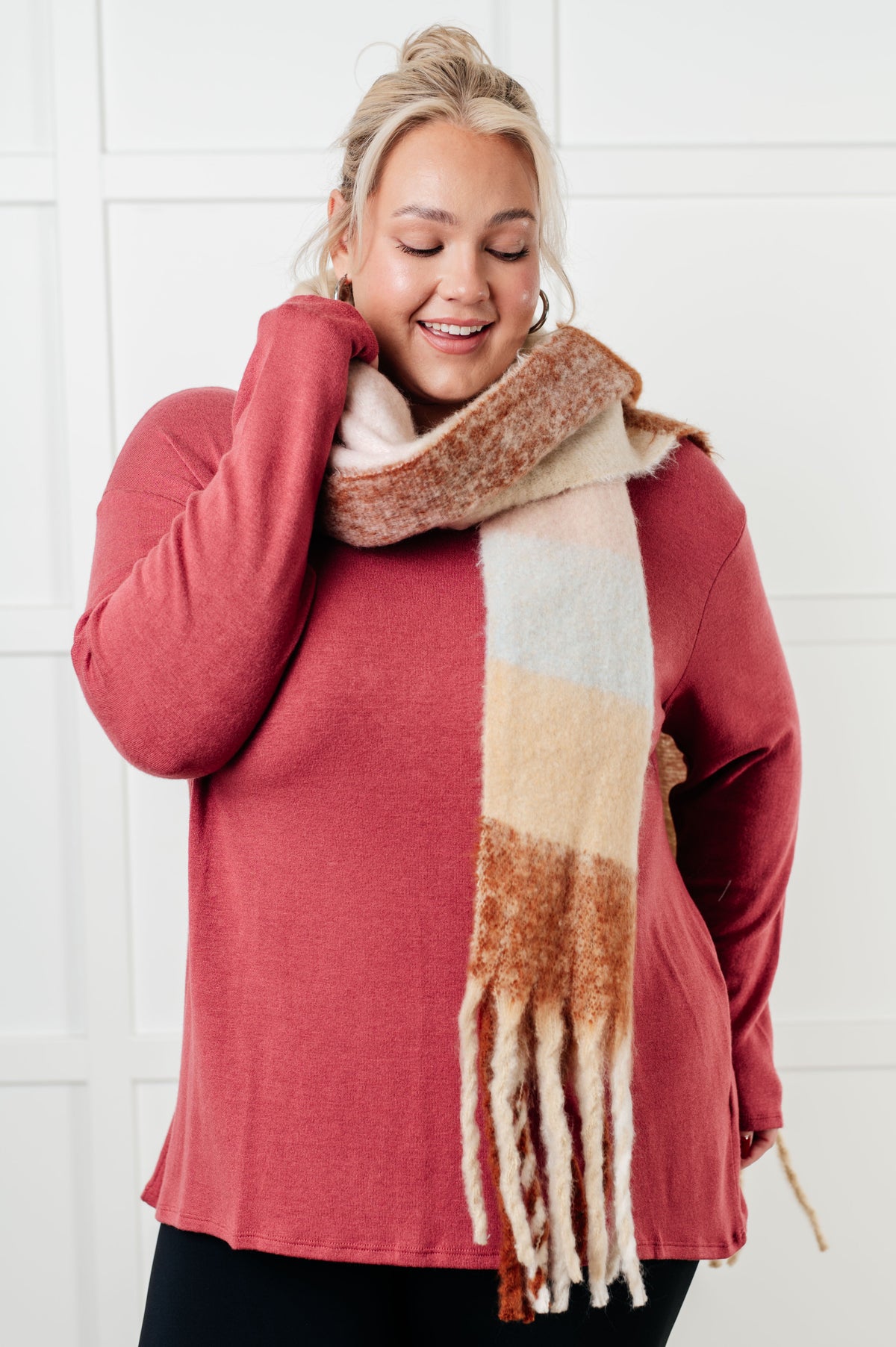 Hazel Blues® |  Wanderlust Wrap Oversized Plaid Fringe Scarf in Light Brown