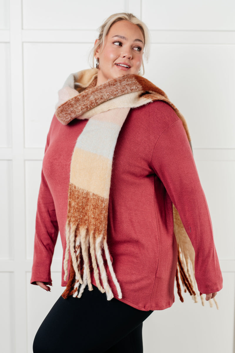 Hazel Blues® |  Wanderlust Wrap Oversized Plaid Fringe Scarf in Light Brown