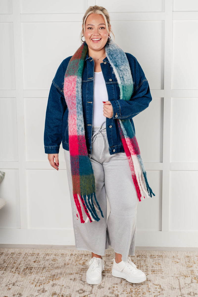 Hazel Blues® |  Wanderlust Wrap Oversized Plaid Fringe Scarf in Magenta and Teal