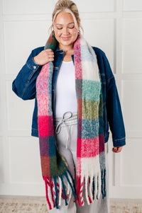 Hazel Blues® |  Wanderlust Wrap Oversized Plaid Fringe Scarf in Magenta and Teal