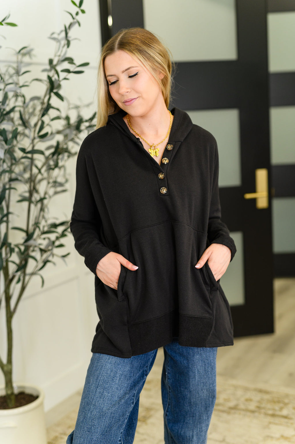 Hazel Blues® |  Warm Intentions Henley Pullover in Black