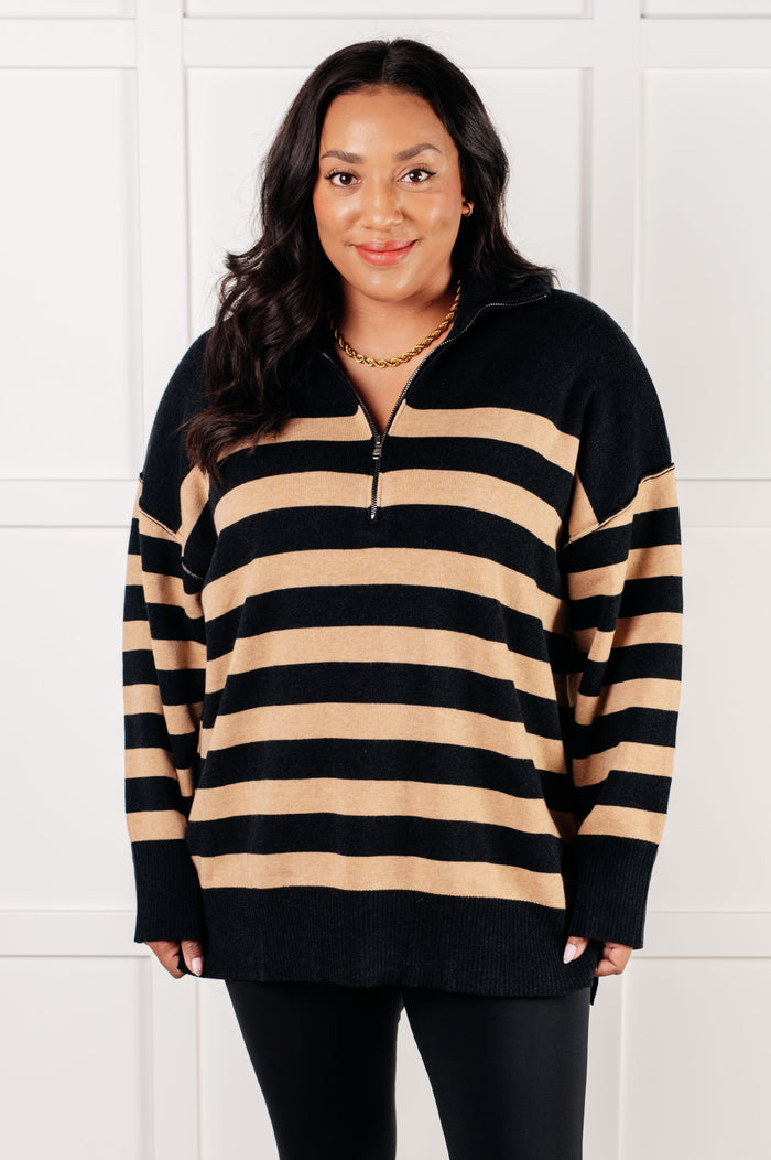 Hazel Blues® |  Well Situated Striped Quarter Zip Sweater in Black and Tan