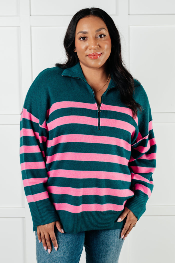 Hazel Blues® |  Well Situated Striped Quarter Zip Sweater in Green and Pink