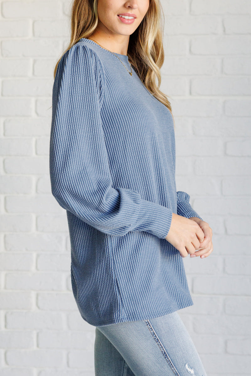 Hazel Blues® |  When the Sun Goes Down Mineral Wash Ribbed Knit Top in Vintage Denim