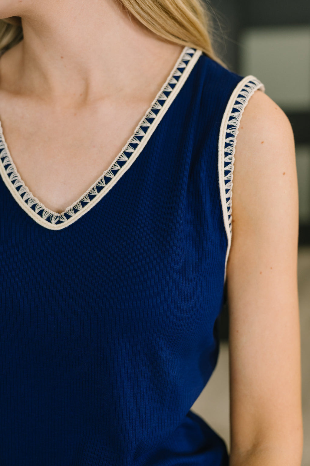 Hazel Blues® |  Whisper Trim Detailed V-Neck Tank in Navy