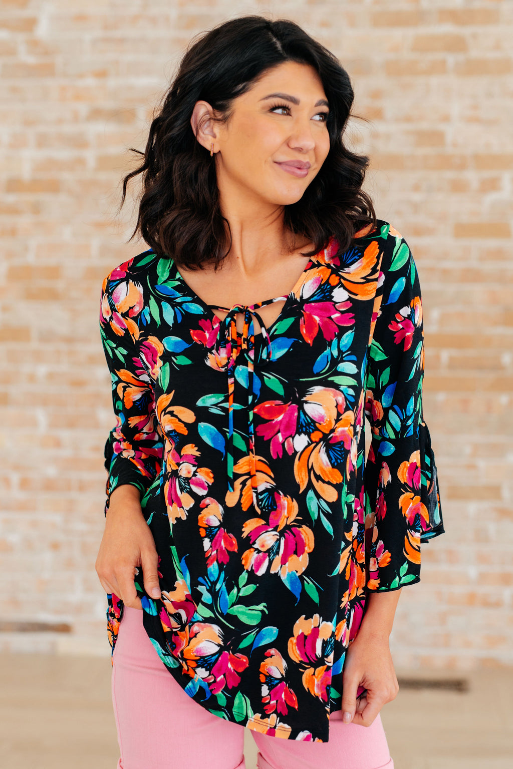 Hazel Blues® |  Willow Bell Sleeve Top in Black and Emerald Floral