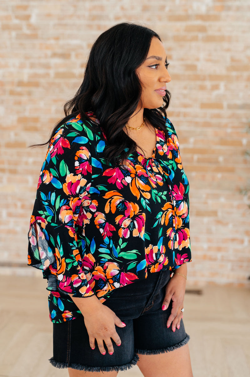 Hazel Blues® |  Willow Bell Sleeve Top in Black and Emerald Floral