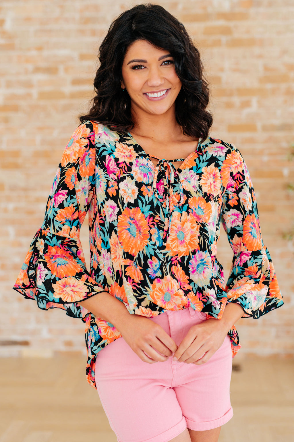Hazel Blues® |  Willow Bell Sleeve Top in Black and Persimmon Floral