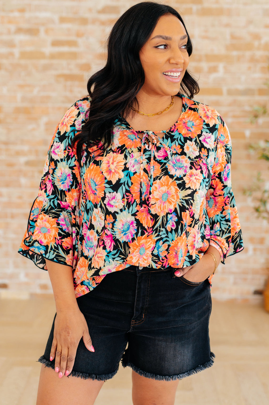 Hazel Blues® |  Willow Bell Sleeve Top in Black and Persimmon Floral