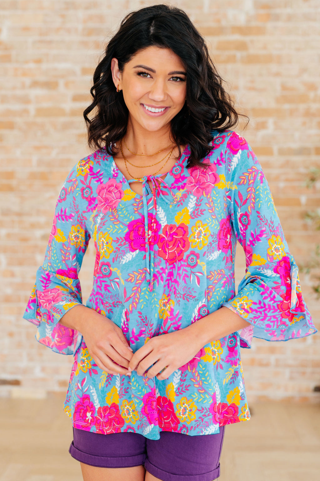 Hazel Blues® |  Willow Bell Sleeve Top in Bright Blue Floral
