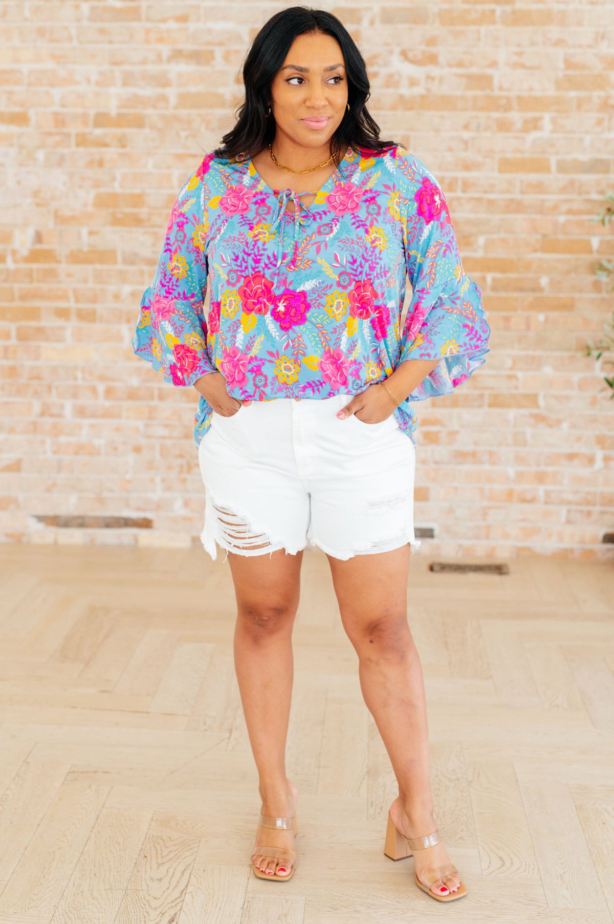 Hazel Blues® |  Willow Bell Sleeve Top in Bright Blue Floral