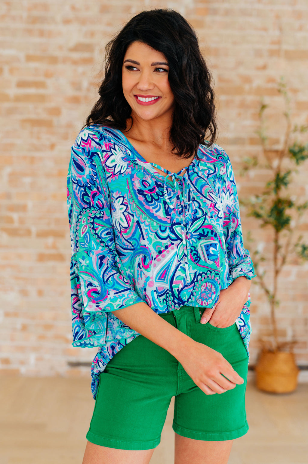 Hazel Blues® |  Willow Bell Sleeve Top in Emerald and Royal Paisley