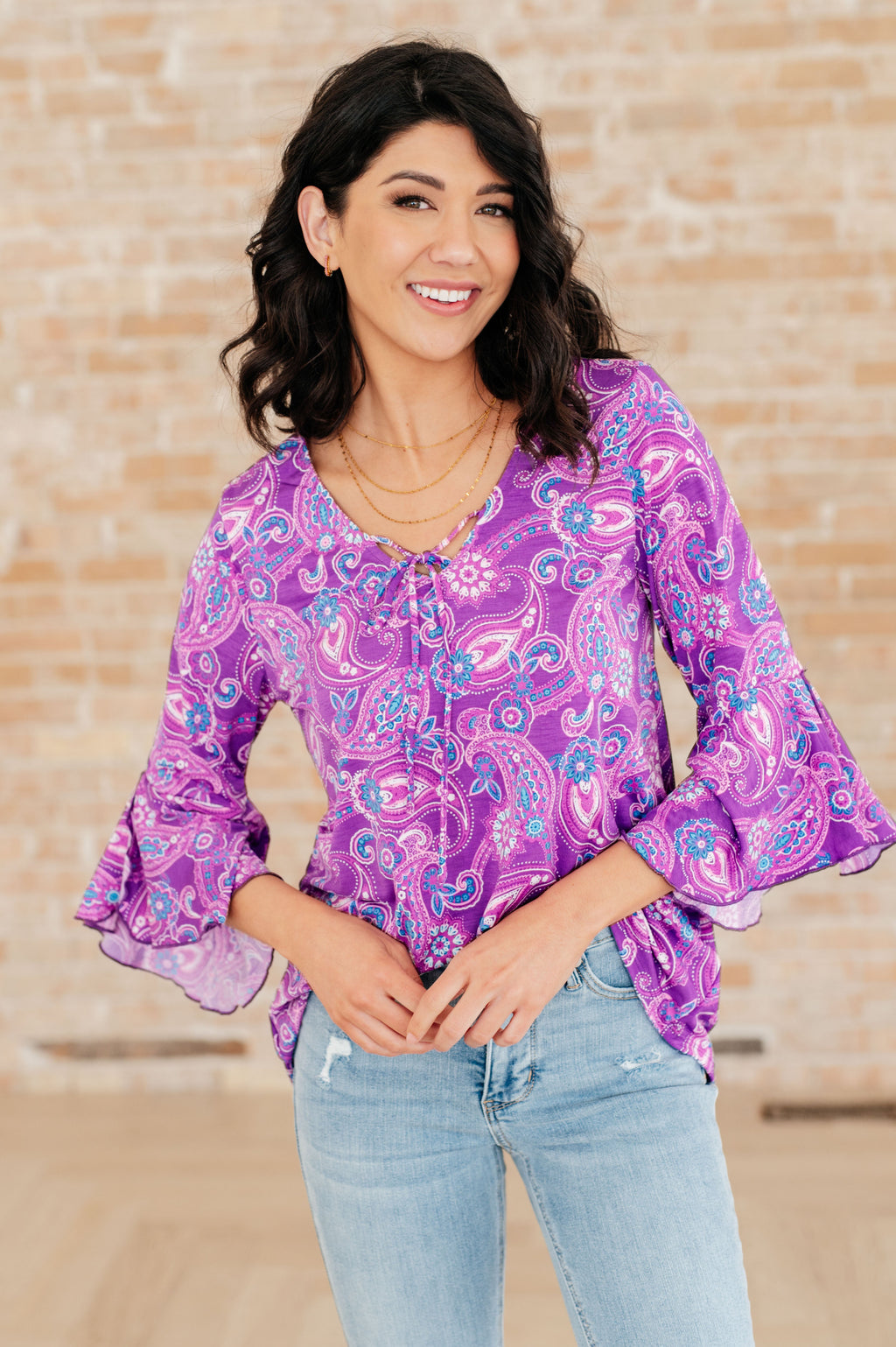 Hazel Blues® |  Willow Bell Sleeve Top in Lavender Paisley