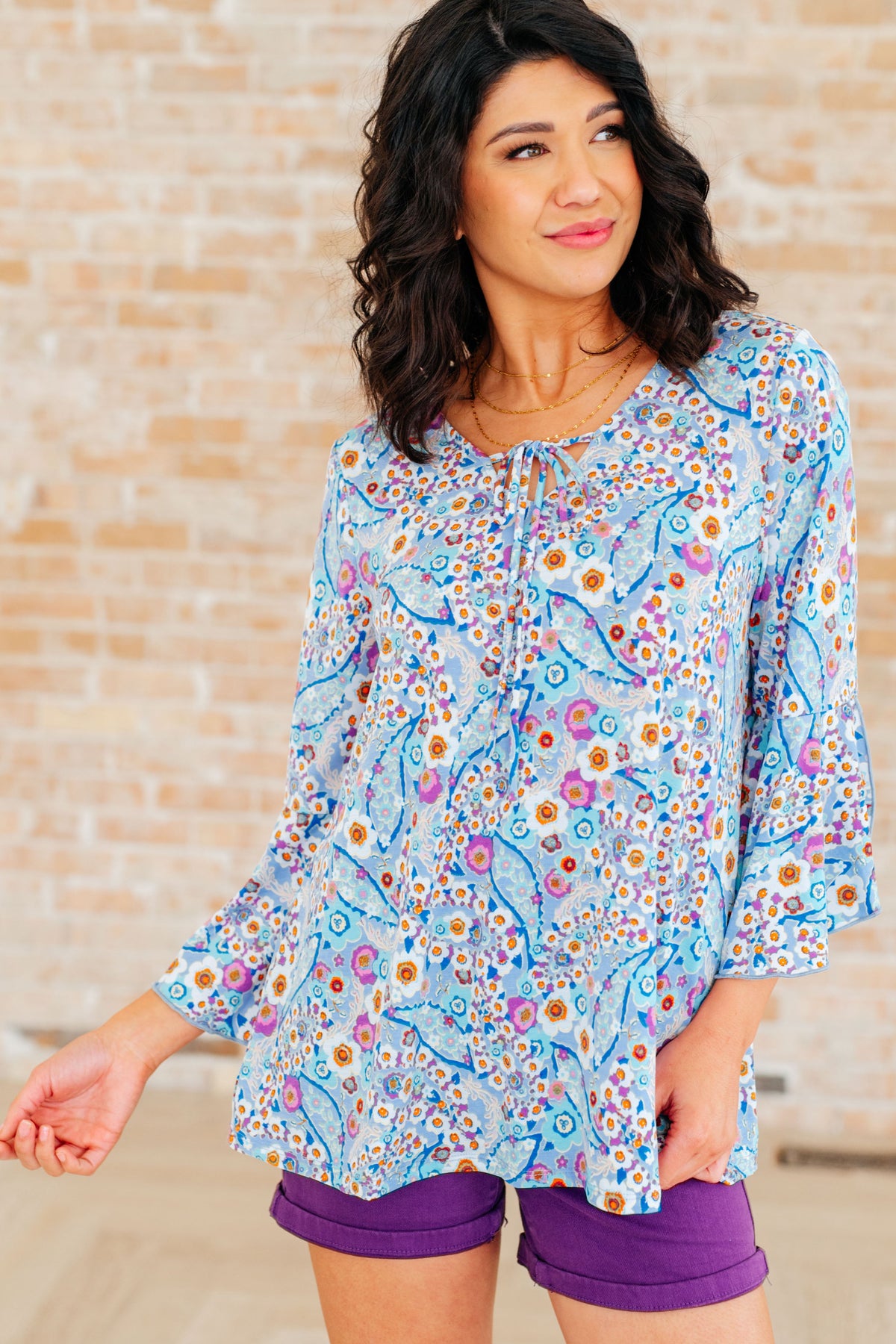 Hazel Blues® |  Willow Bell Sleeve Top in Retro Ditsy Floral