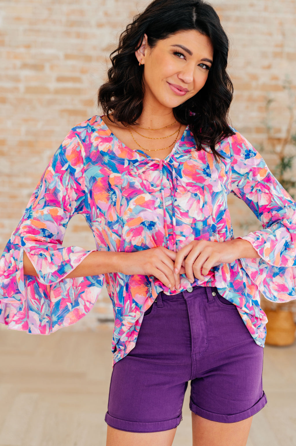 Hazel Blues® |  Willow Bell Sleeve Top in Royal Brushed Floral