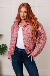 Hazel Blues® |  Wish Me Well Floral Printed Puffer Jacket in Rose Multi