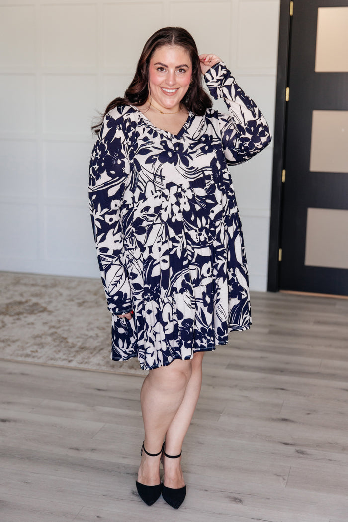 Hazel Blues® |  Worthwhile Moment Floral Tiered Dress in Oatmeal and Navy