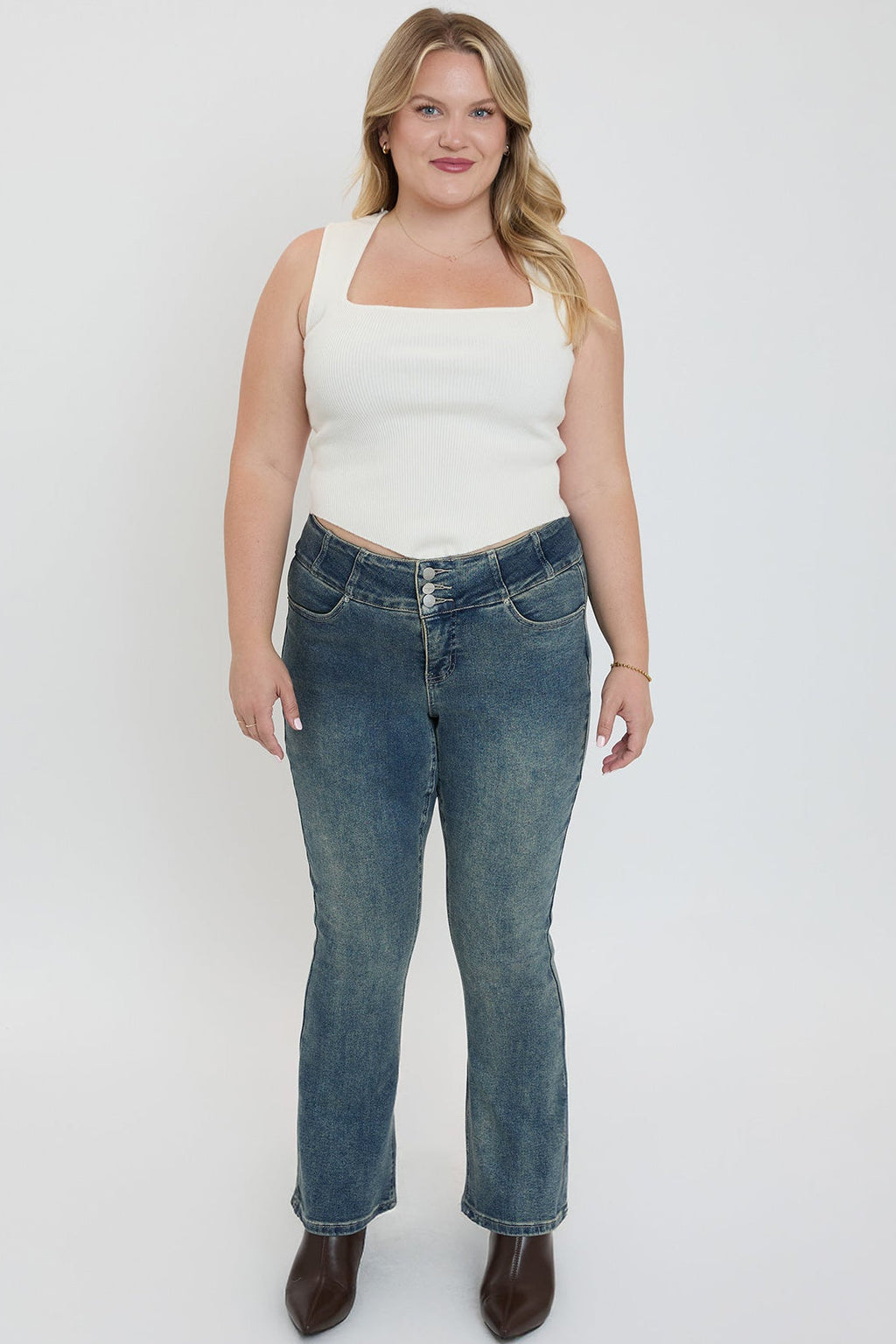 3-Button Premium-Stretch Bootcut Jeans