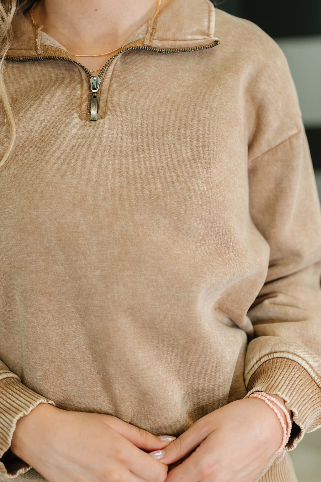 Hazel Blues® |  You Should Know Half Zip Pullover in Deep Camel