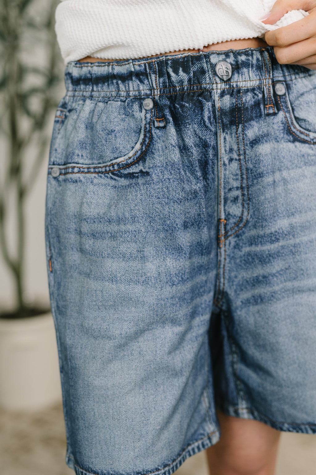 Hazel Blues® |  Zenim Printed High Waisted Shorts in Classic Denim