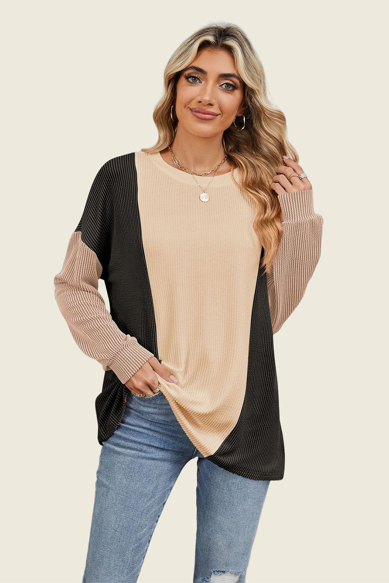 Hazel Blues® |  Double Take Texture Contrast Round Neck Long Sleeve T-Shirt