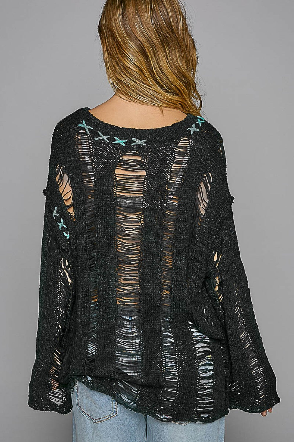 Hazel Blues® |  POL Distressed Dropped Shoulder Long Sleeve Knit Top