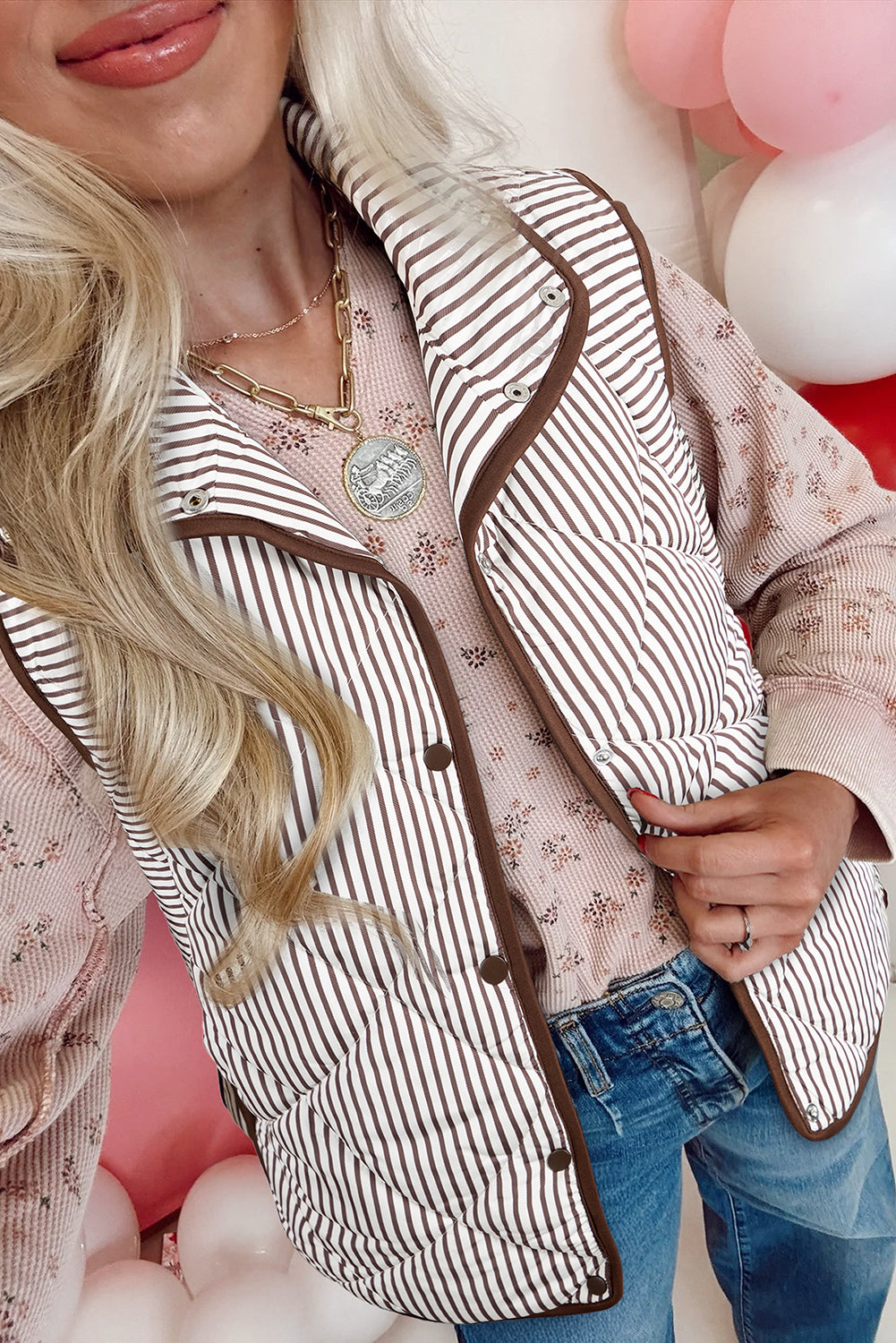 Hazel Blues® |  Brown Stripe Snap Button Scalloped Hem Collared Winter Vest