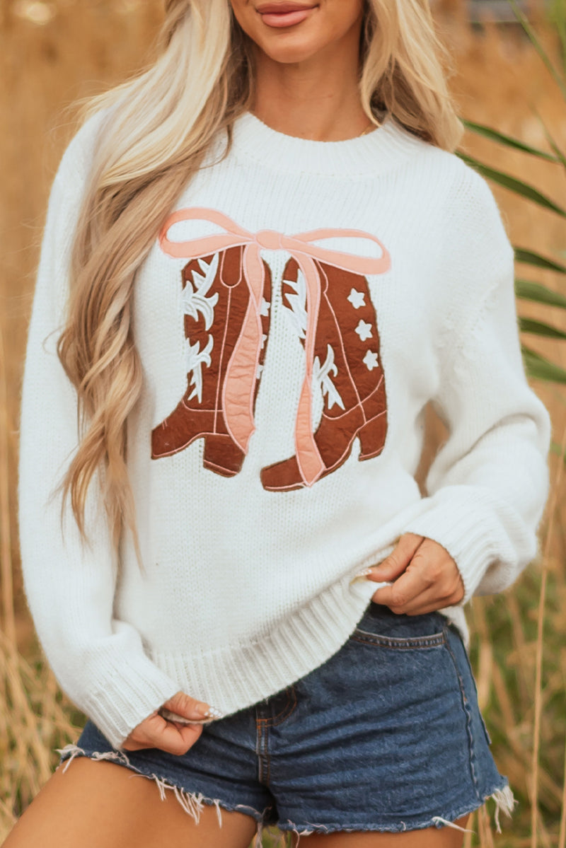 Hazel Blues® |  White Embroidered Bow Boots Graphic Drop Shoulder Sweater