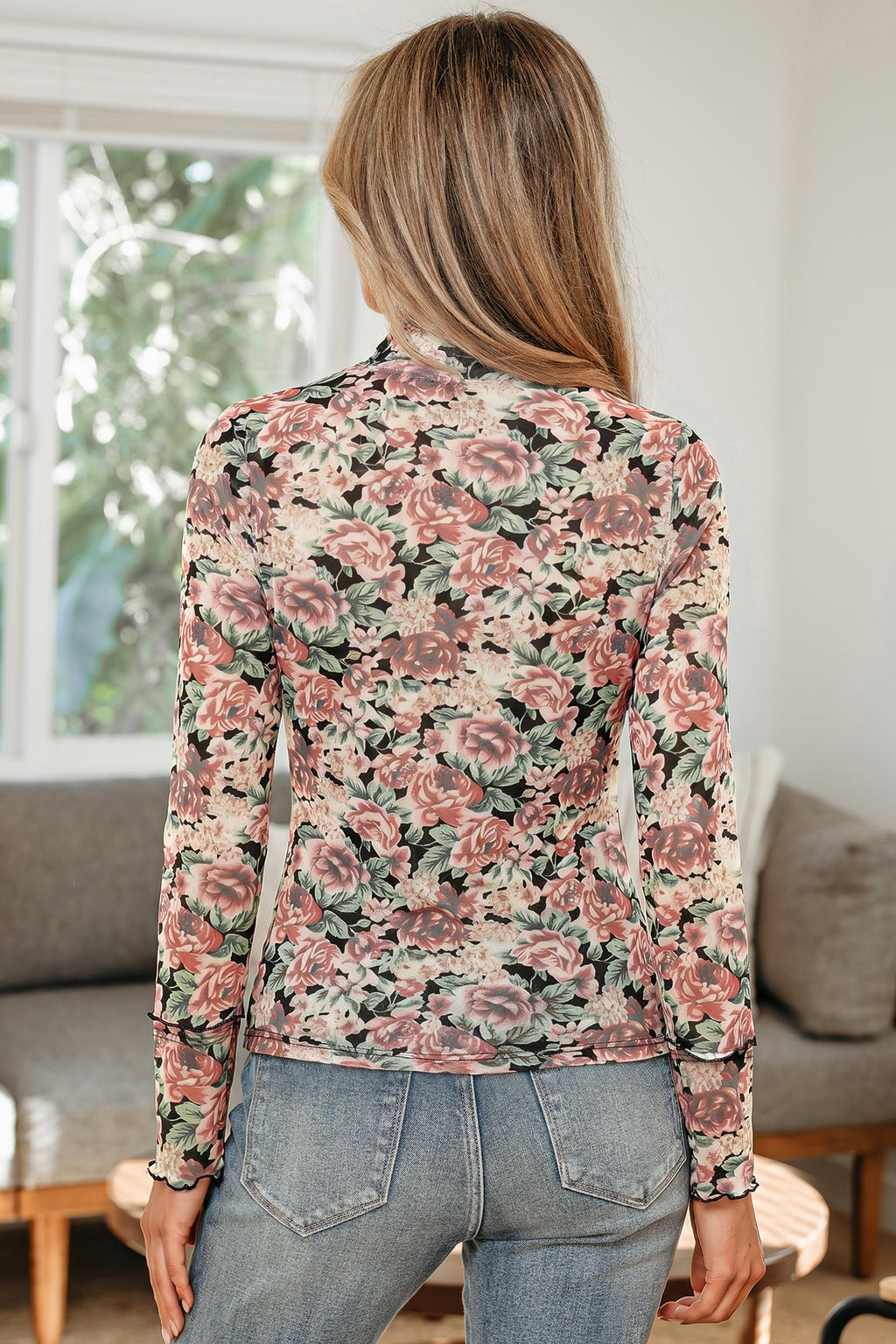 Black Retro Floral-Print Mock-Neck Mesh Long-Sleeve Top