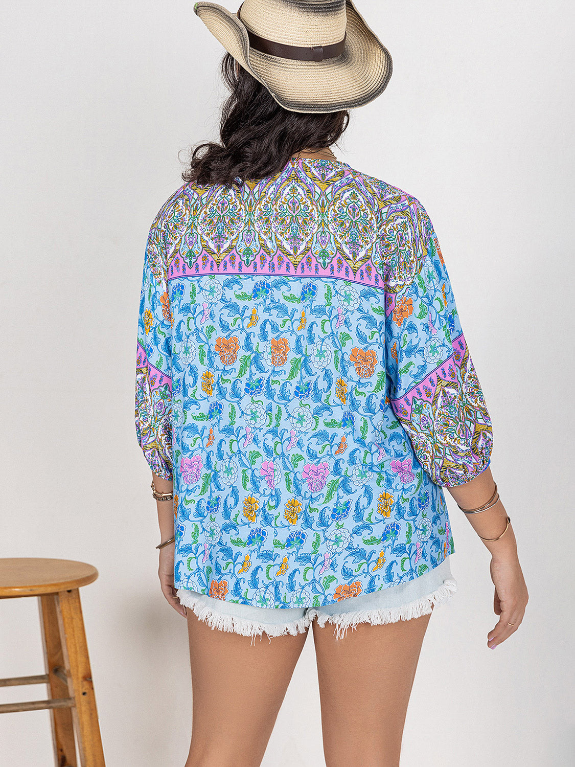 Hazel Blues® | Printed Tie Neck Balloon Sleeve Blouse