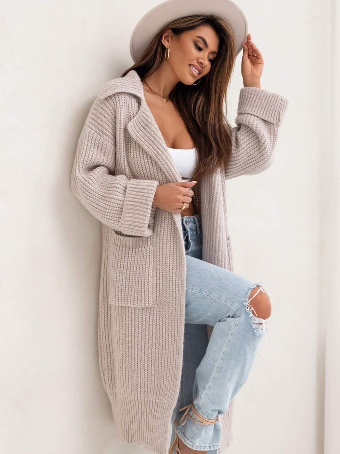 Hazel Blues® |  Pocketed Collared Neck Dropped Shoulder Cardigan