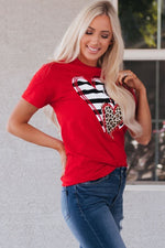 Hazel Blues® |  Red Leopard Striped Heart Shaped Print Crew Neck T Shirt