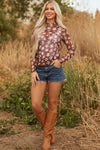 Hazel Blues® |  Red Mesh Star Print Mock Neck Sheath Long Sleeve Top