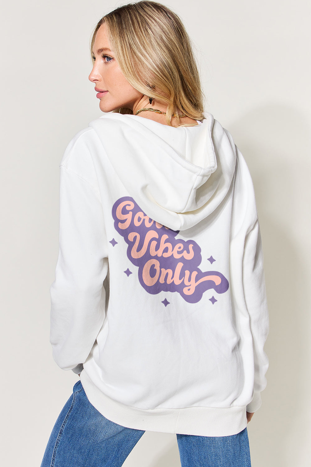 GOOD VIBES ONLY Graphic Zip-Up Hoodie with Pockets