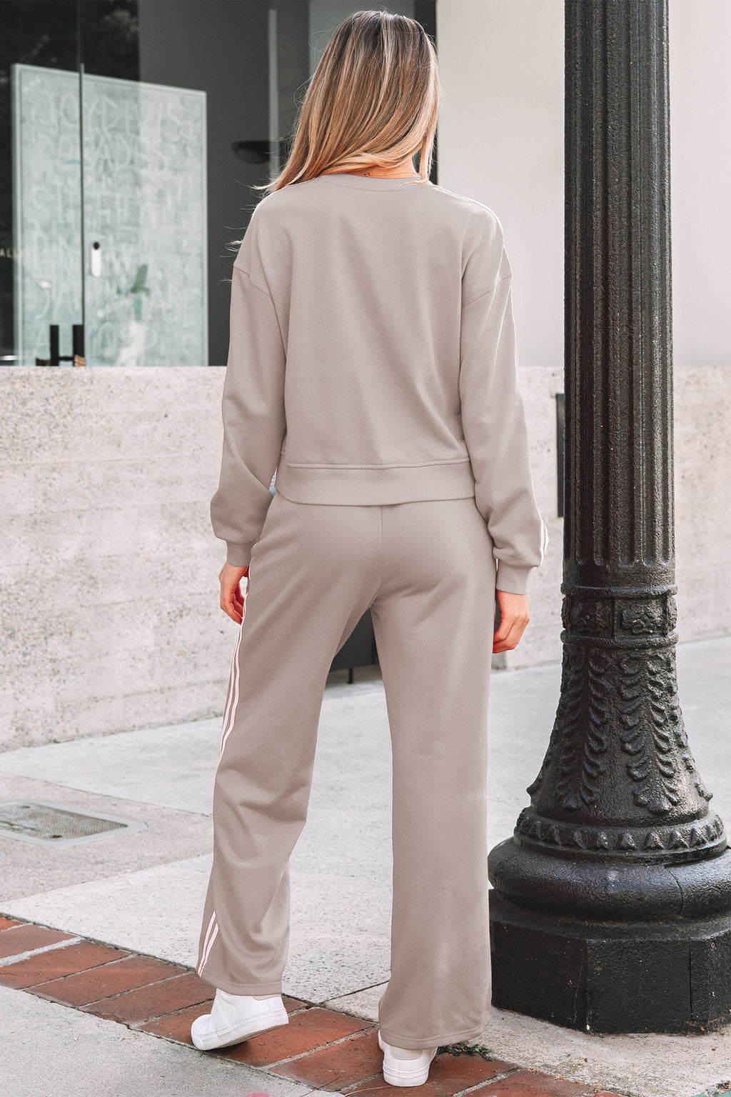 Gray Morn Varsity Striped Detail Crew-Neck Pullover Elastic Sweatpants Two-Piece Outfit