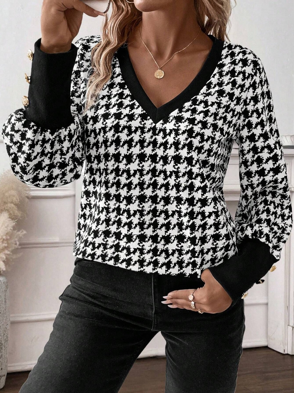 Hazel Blues® |  Houndstooth V-Neck Long Sleeve T-Shirt